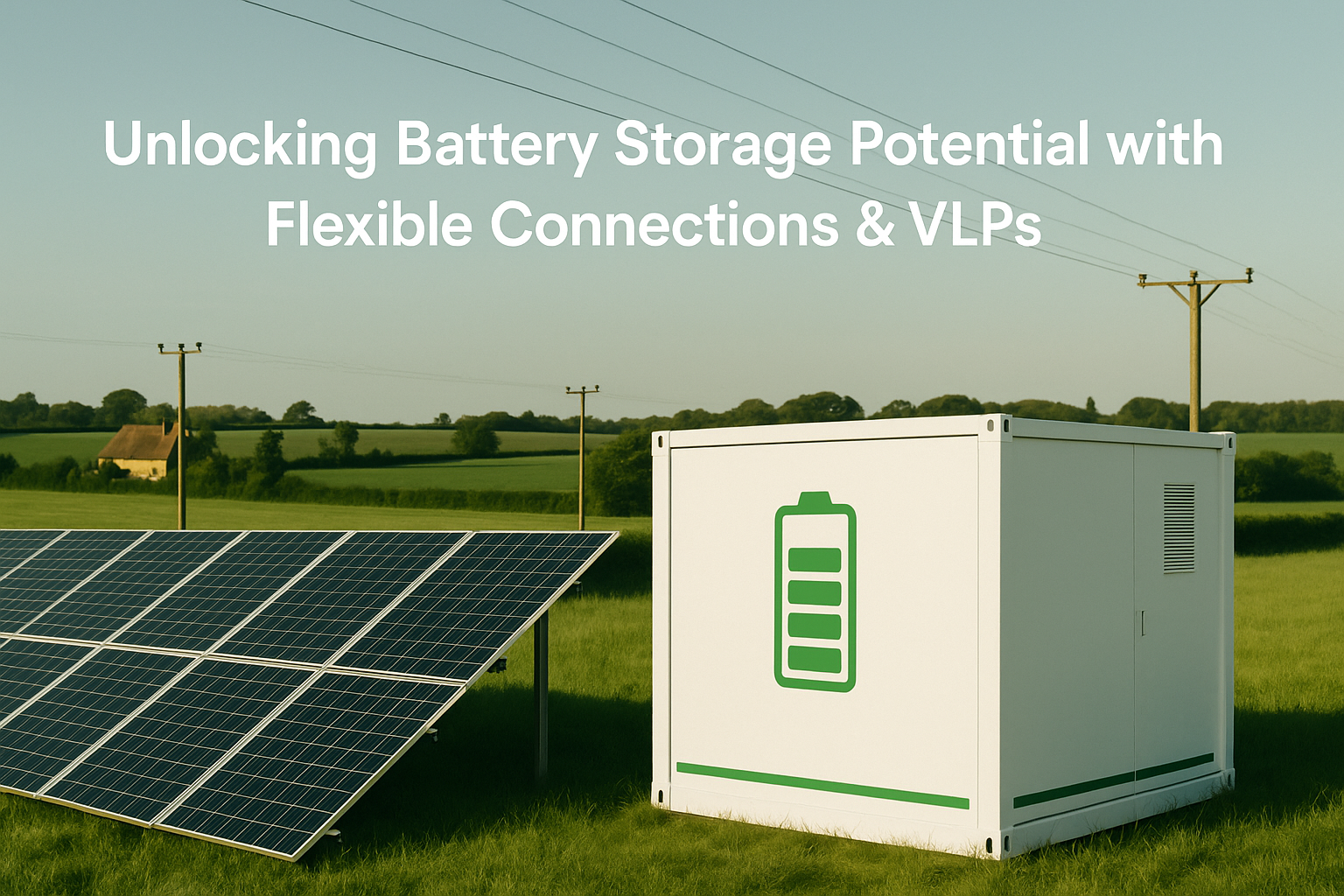 Aerial drone-style image of a UK farm with solar panels mounted on an agricultural barn roof, green fields surrounding the site, and a compact battery storage unit placed nearby. Elementum Ltd signage is subtly integrated, promoting harmonious renewable energy use in farming.